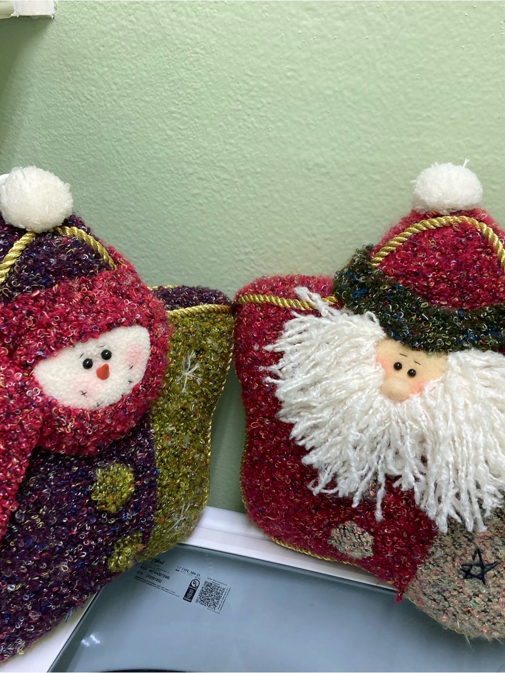 Festive Santa and Snowman Holiday Ornaments Plush Pillow Pair - Red & Green